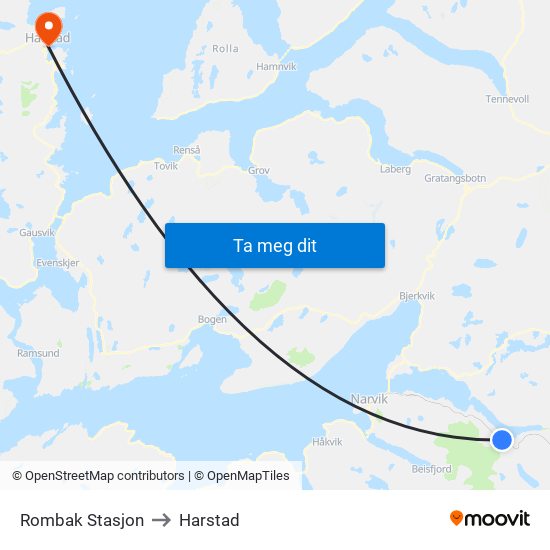 Rombak Stasjon to Harstad map