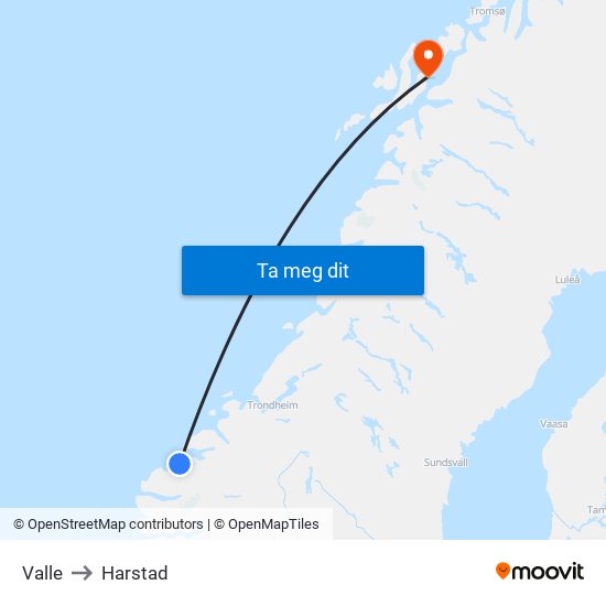 Valle to Harstad map