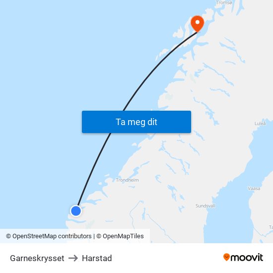 Garneskrysset to Harstad map