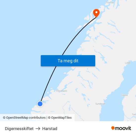 Digernesskiftet to Harstad map