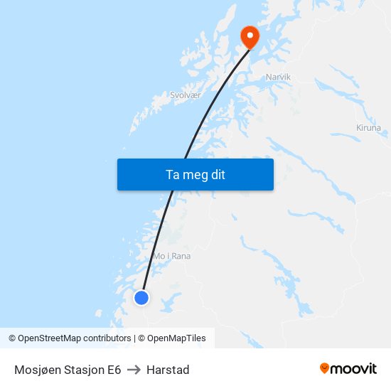 Mosjøen Stasjon E6 to Harstad map
