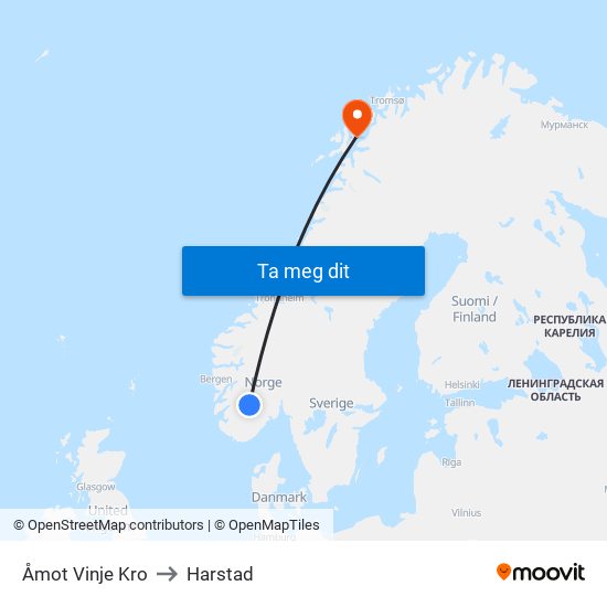 Åmot Vinje Kro to Harstad map