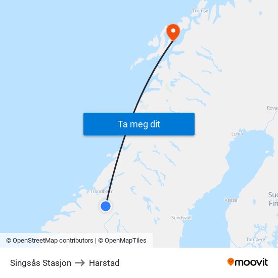Singsås Stasjon to Harstad map