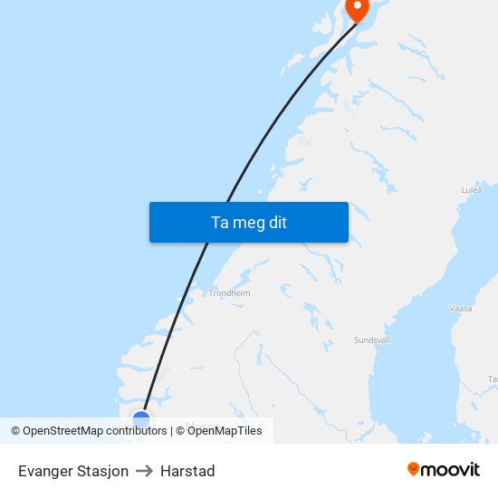 Evanger Stasjon to Harstad map