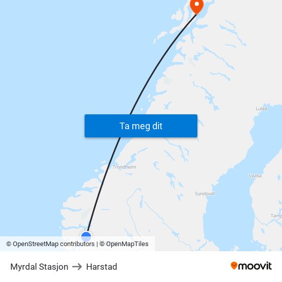 Myrdal Stasjon to Harstad map