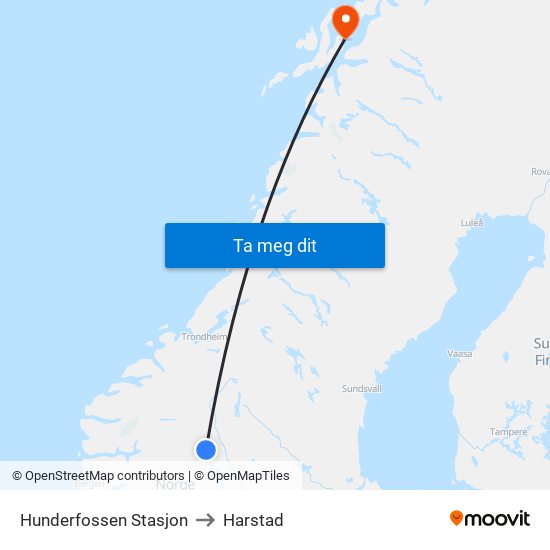 Hunderfossen Stasjon to Harstad map