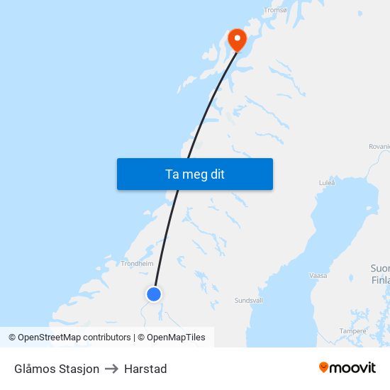 Glåmos Stasjon to Harstad map