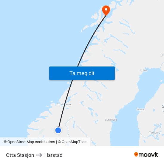 Otta Stasjon to Harstad map