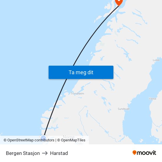 Bergen Stasjon to Harstad map