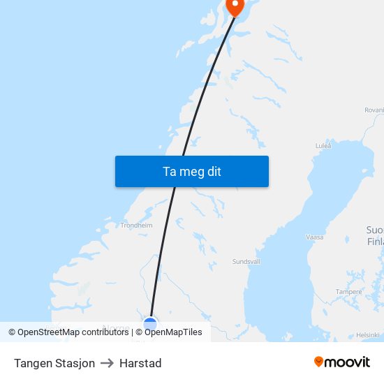 Tangen Stasjon to Harstad map