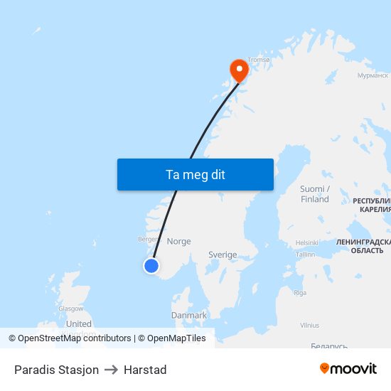 Paradis Stasjon to Harstad map
