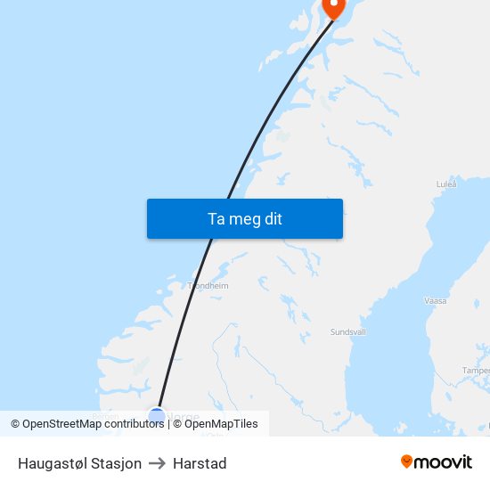 Haugastøl Stasjon to Harstad map