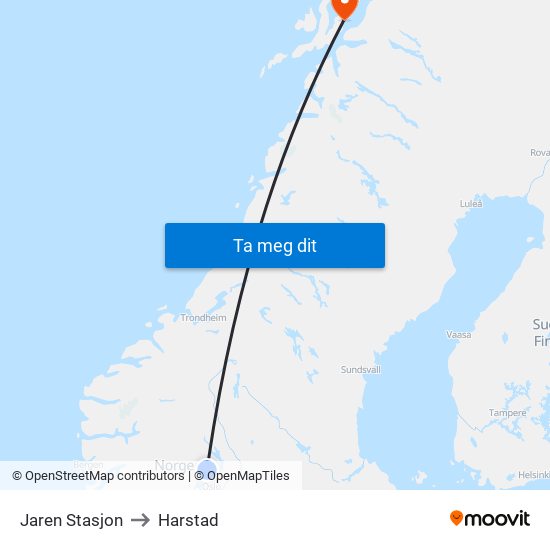 Jaren Stasjon to Harstad map