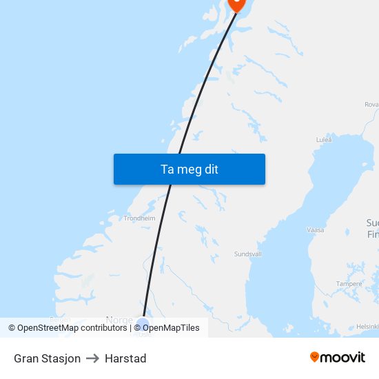 Gran Stasjon to Harstad map