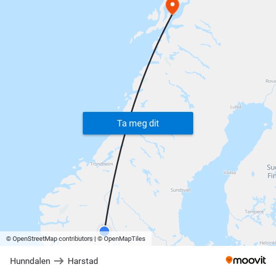 Hunndalen to Harstad map