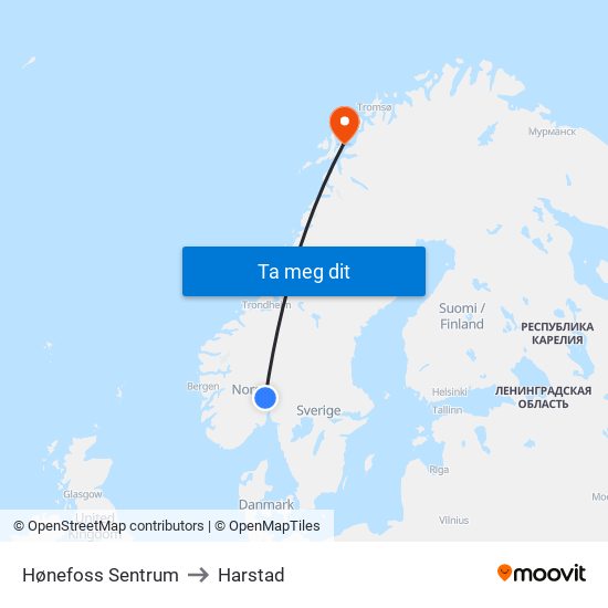 Hønefoss Sentrum to Harstad map