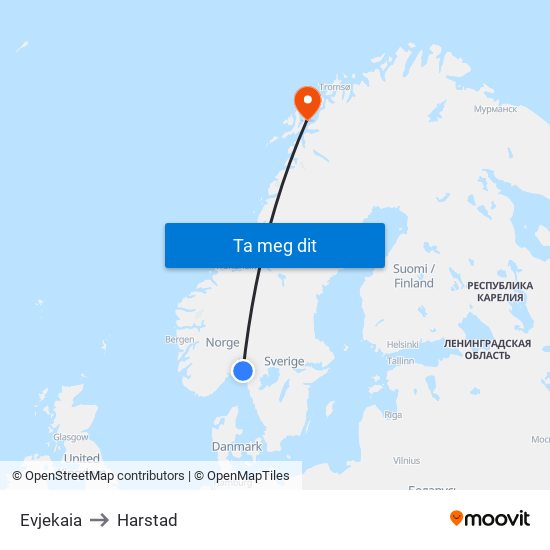 Evjekaia to Harstad map