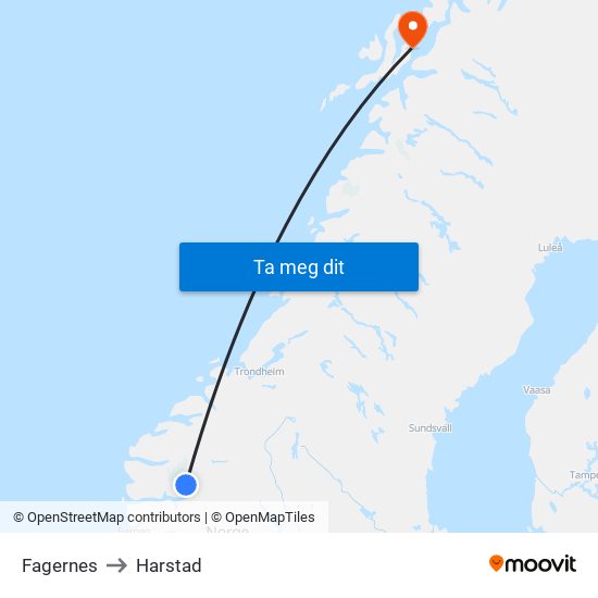 Fagernes to Harstad map