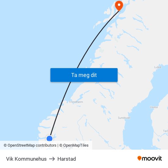 Vik Kommunehus to Harstad map