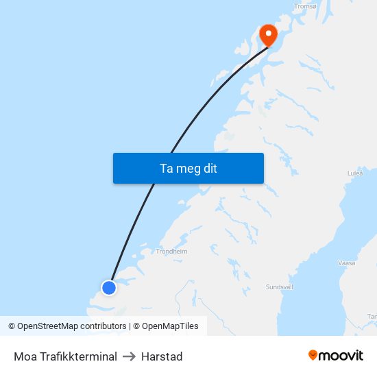 Moa Trafikkterminal to Harstad map