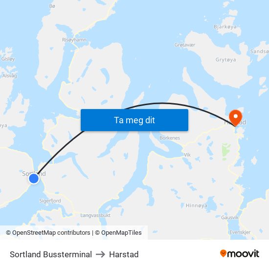 Sortland Bussterminal to Harstad map