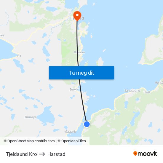 Tjeldsund Kro to Harstad map