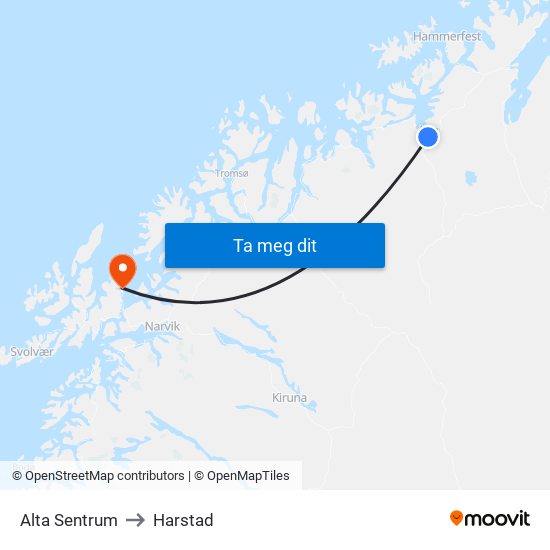 Alta Sentrum to Harstad map