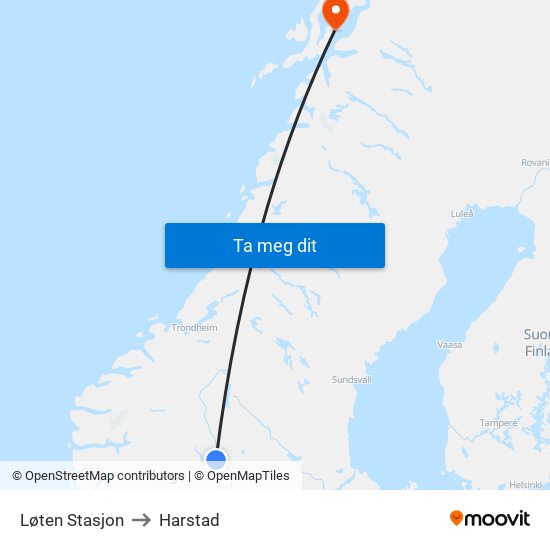 Løten Stasjon to Harstad map
