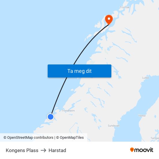Kongens Plass to Harstad map