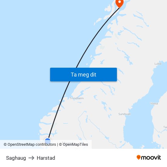 Saghaug to Harstad map