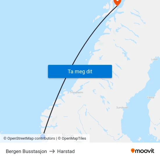 Bergen Busstasjon to Harstad map