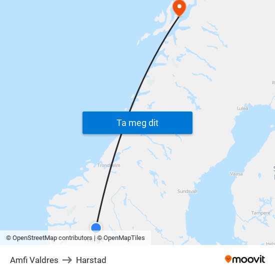 Amfi Valdres to Harstad map