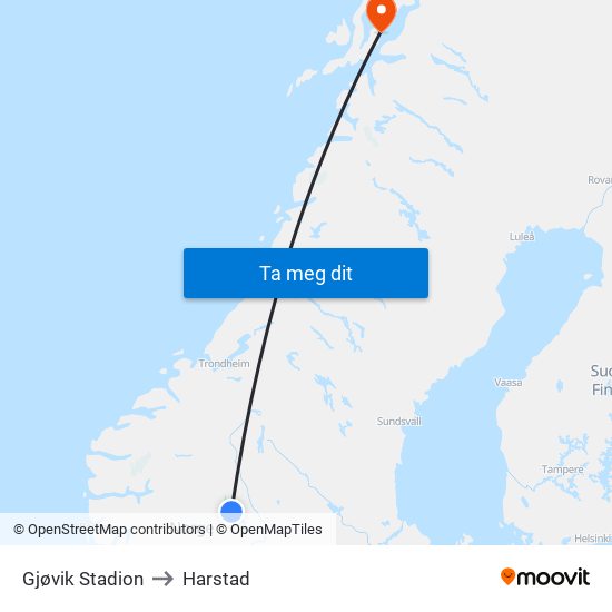 Gjøvik Stadion to Harstad map