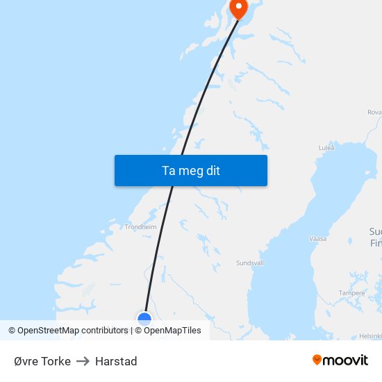 Øvre Torke to Harstad map