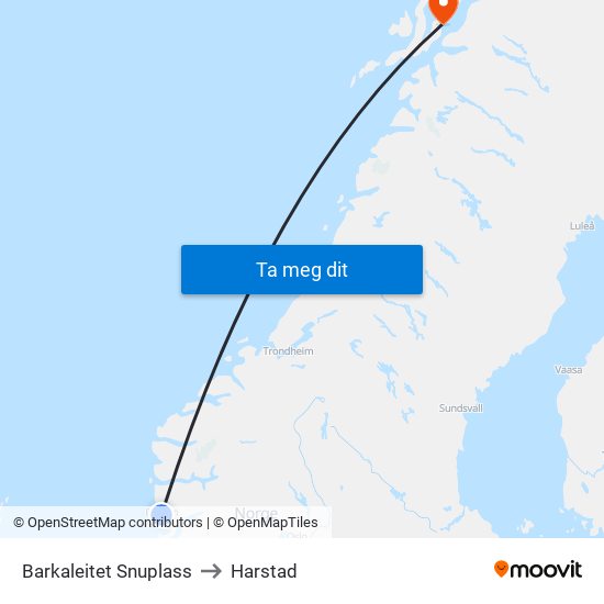 Barkaleitet Snuplass to Harstad map