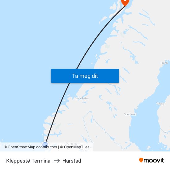 Kleppestø Terminal to Harstad map