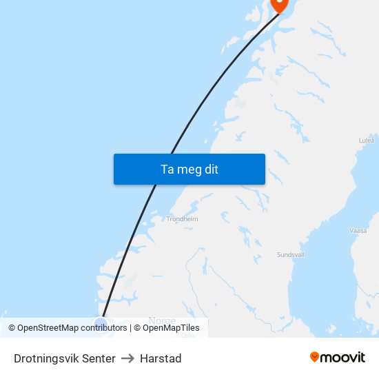 Drotningsvik Senter to Harstad map