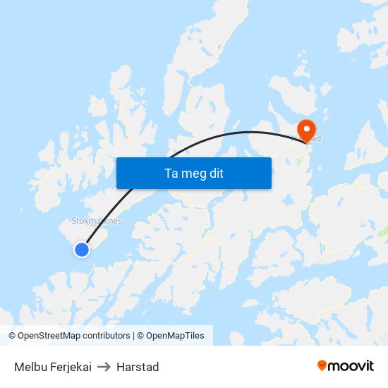 Melbu Ferjekai to Harstad map