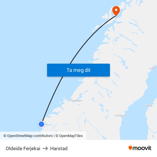 Oldeide Ferjekai to Harstad map
