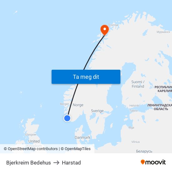 Bjerkreim Bedehus to Harstad map