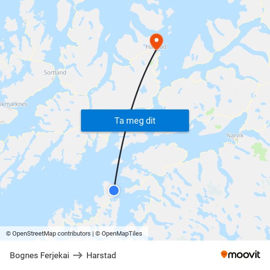Bognes Ferjekai to Harstad map