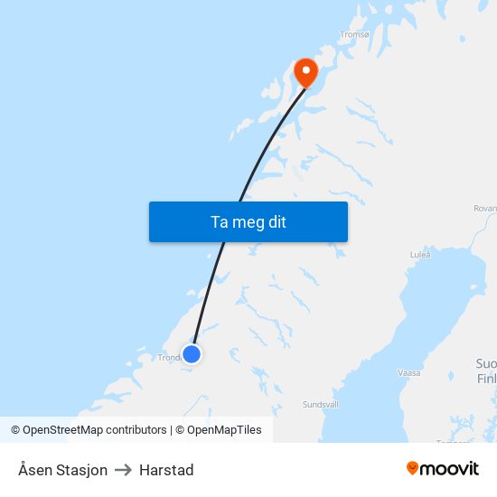Åsen Stasjon to Harstad map