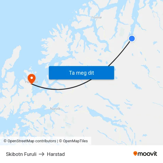 Skibotn Furuli to Harstad map