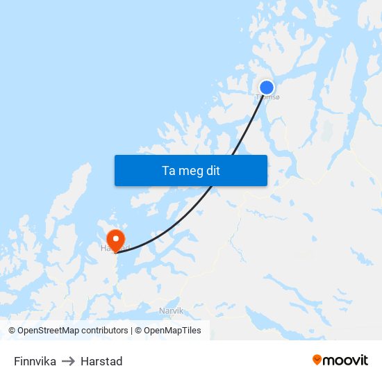 Finnvika to Harstad map