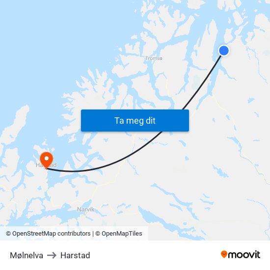 Mølnelva to Harstad map