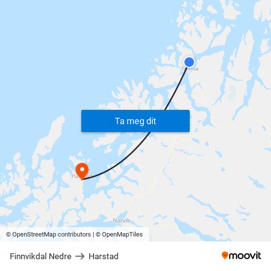 Finnvikdal Nedre to Harstad map