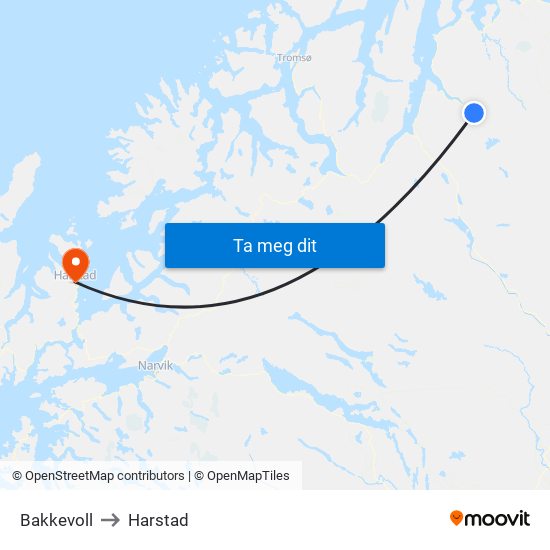 Bakkevoll to Harstad map