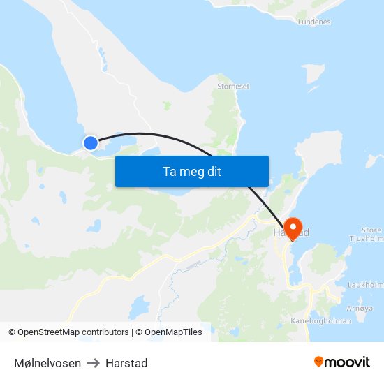 Mølnelvosen to Harstad map