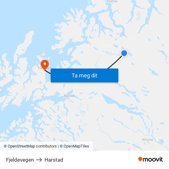 Fjeldevegen to Harstad map
