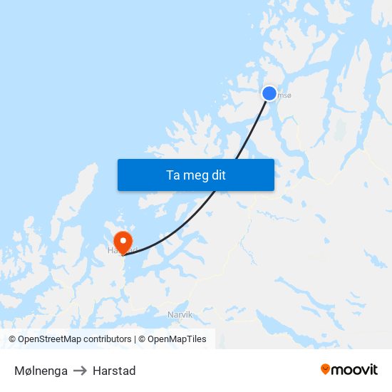Mølnenga to Harstad map
